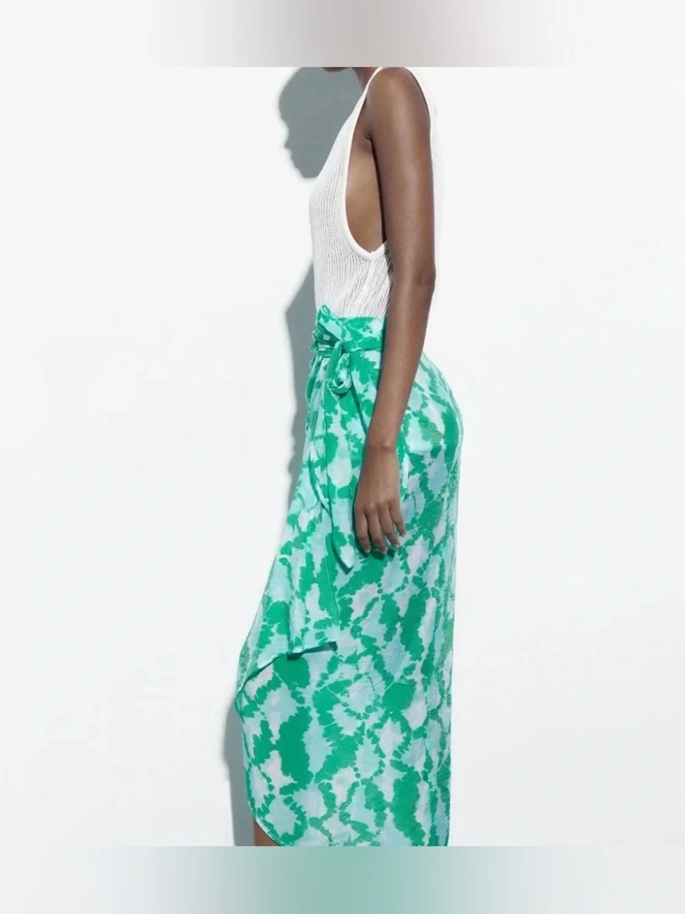 ZARA Knotted Green Turquoise Tie Dye Print Swim Beach Sarong Midi Skirt S NEW
